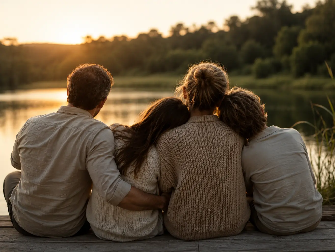 A family sitting together, representing family support and rebuilding relationships