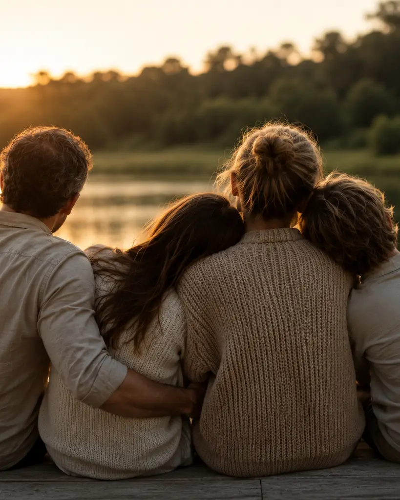 A family sitting together, representing family support and rebuilding relationships