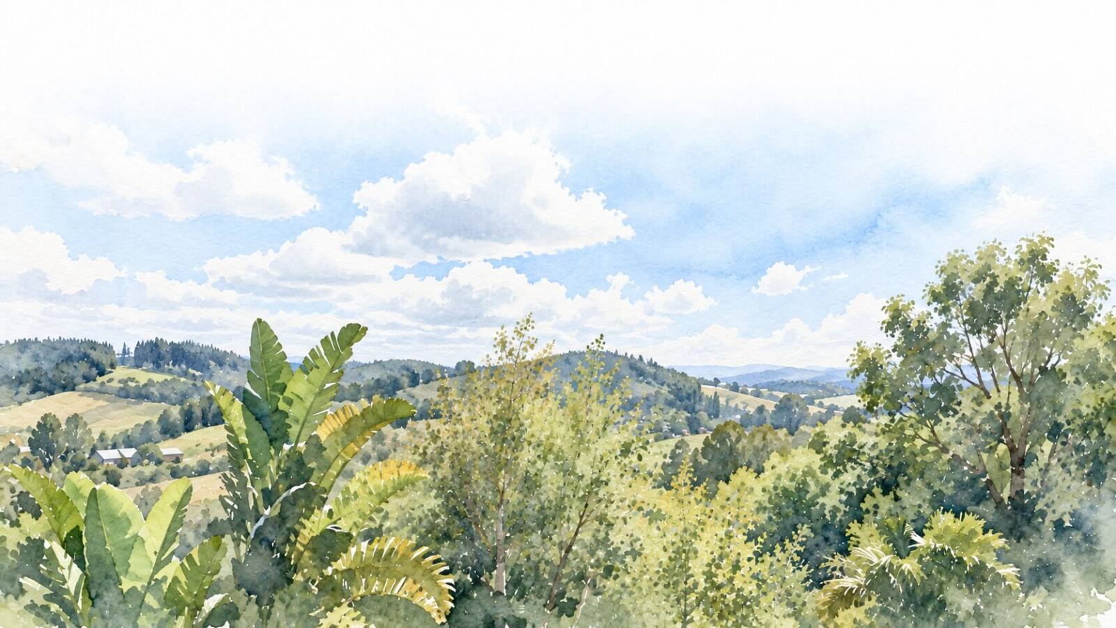 Watercolour of rolling farmland and native bush under a cloudy summer sky north of Auckland