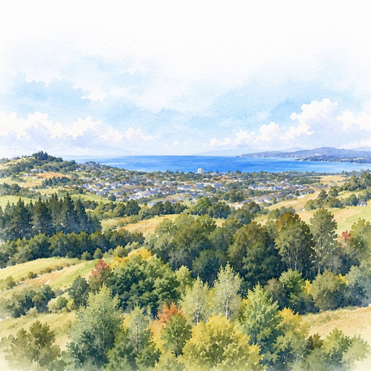 Watercolour looking over bush and farmland to Orewa and the sea
