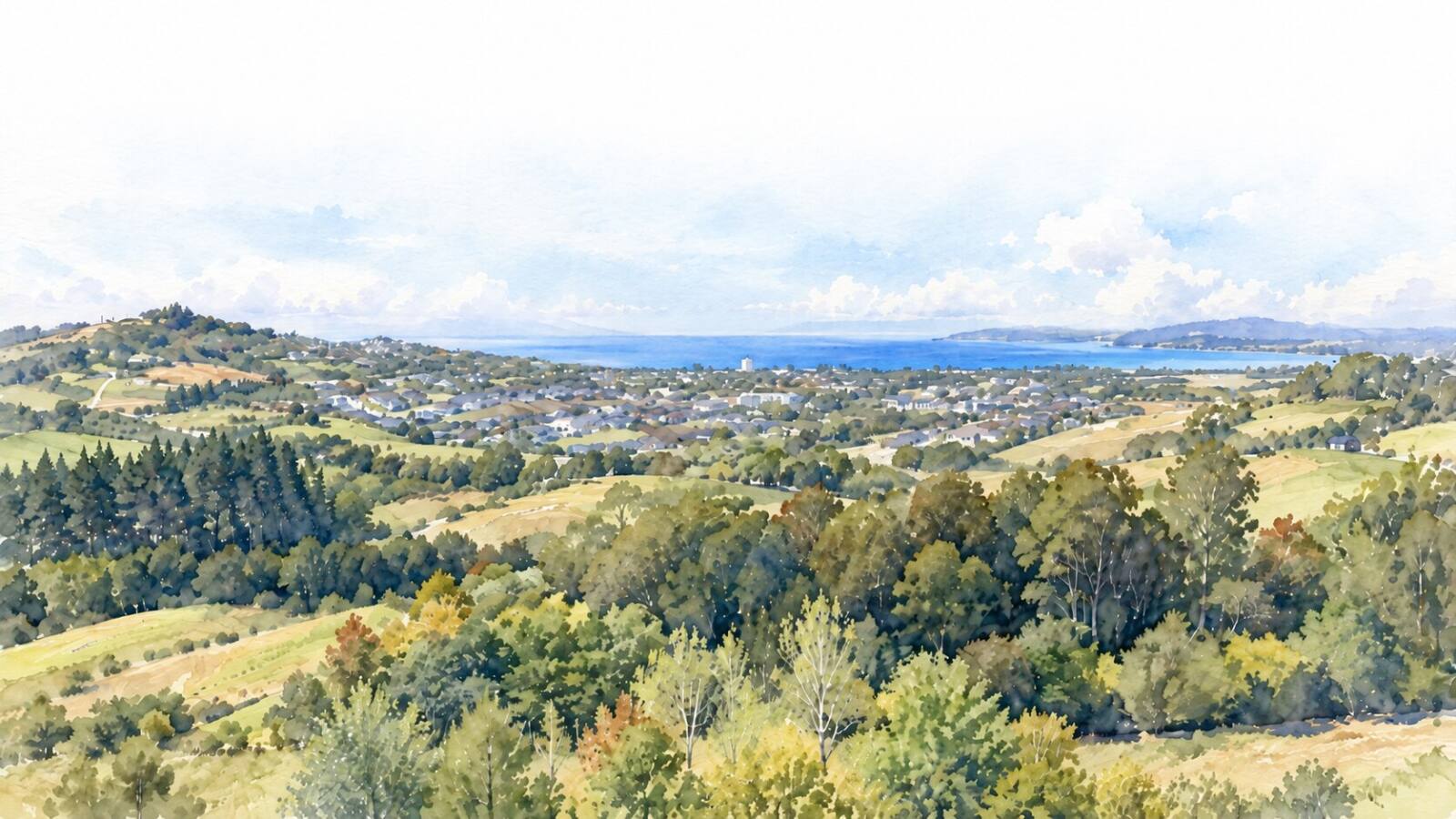 Watercolour looking over bush and farmland to Orewa and the sea on the Hibiscus Coast