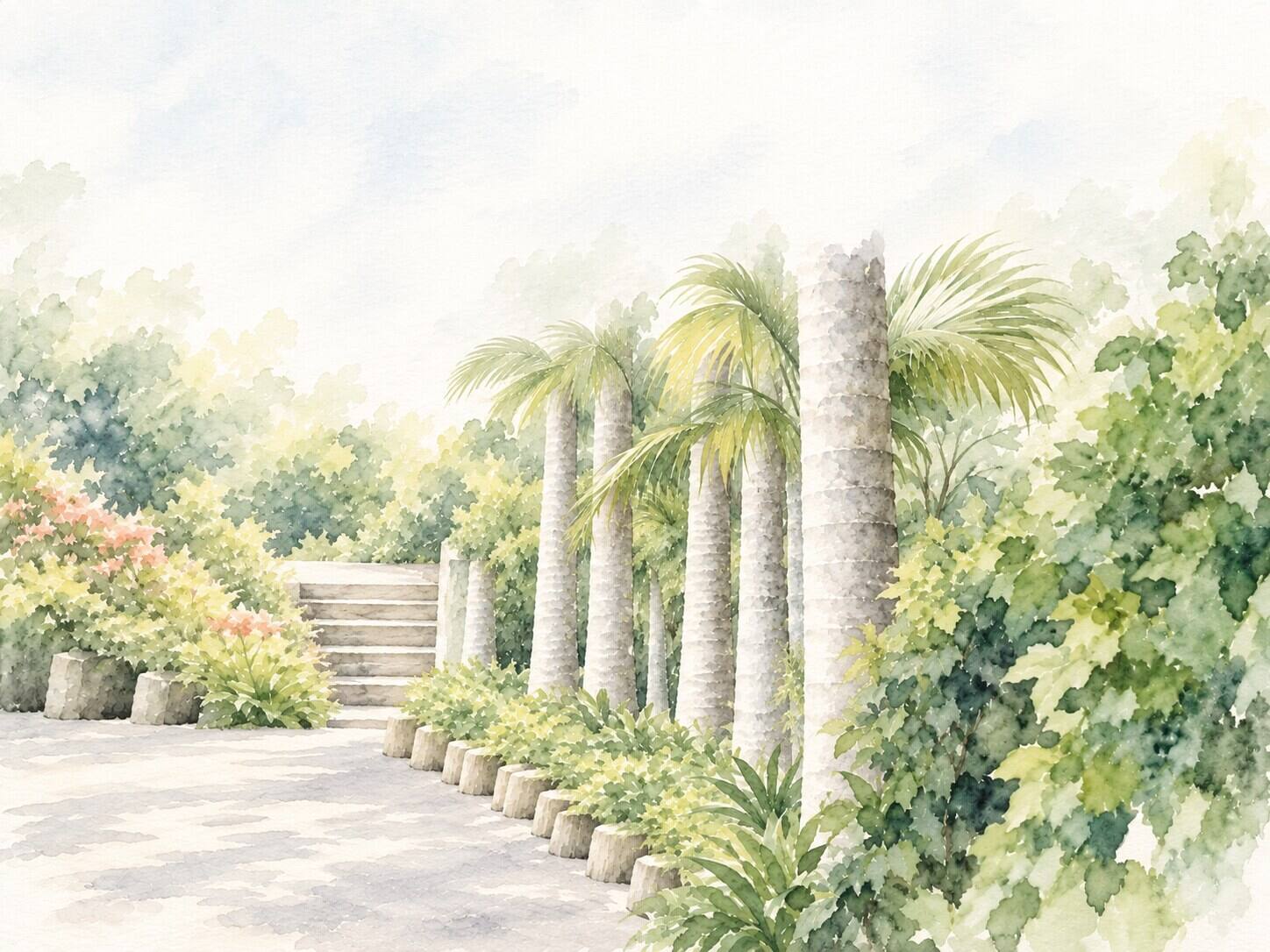 Watercolour of the lodge gardens: palms, stone steps and flowering shrubs beside a paved path