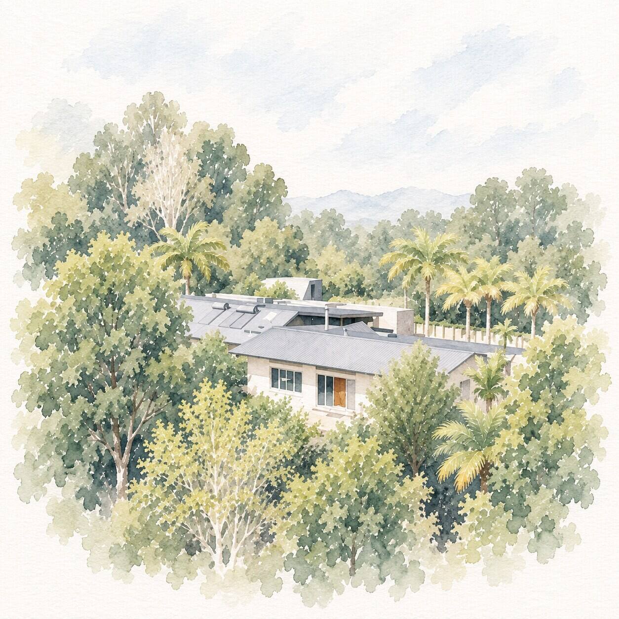Watercolour of Keystone Lodge among native bush and palms, hills in the distance
