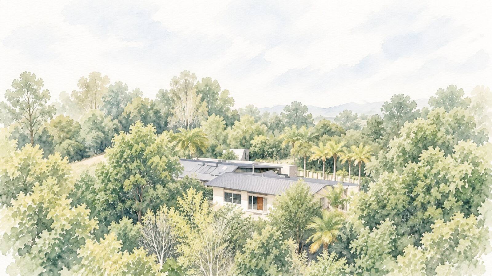 Watercolour of Keystone Lodge nestled among native bush and palms with hills beyond