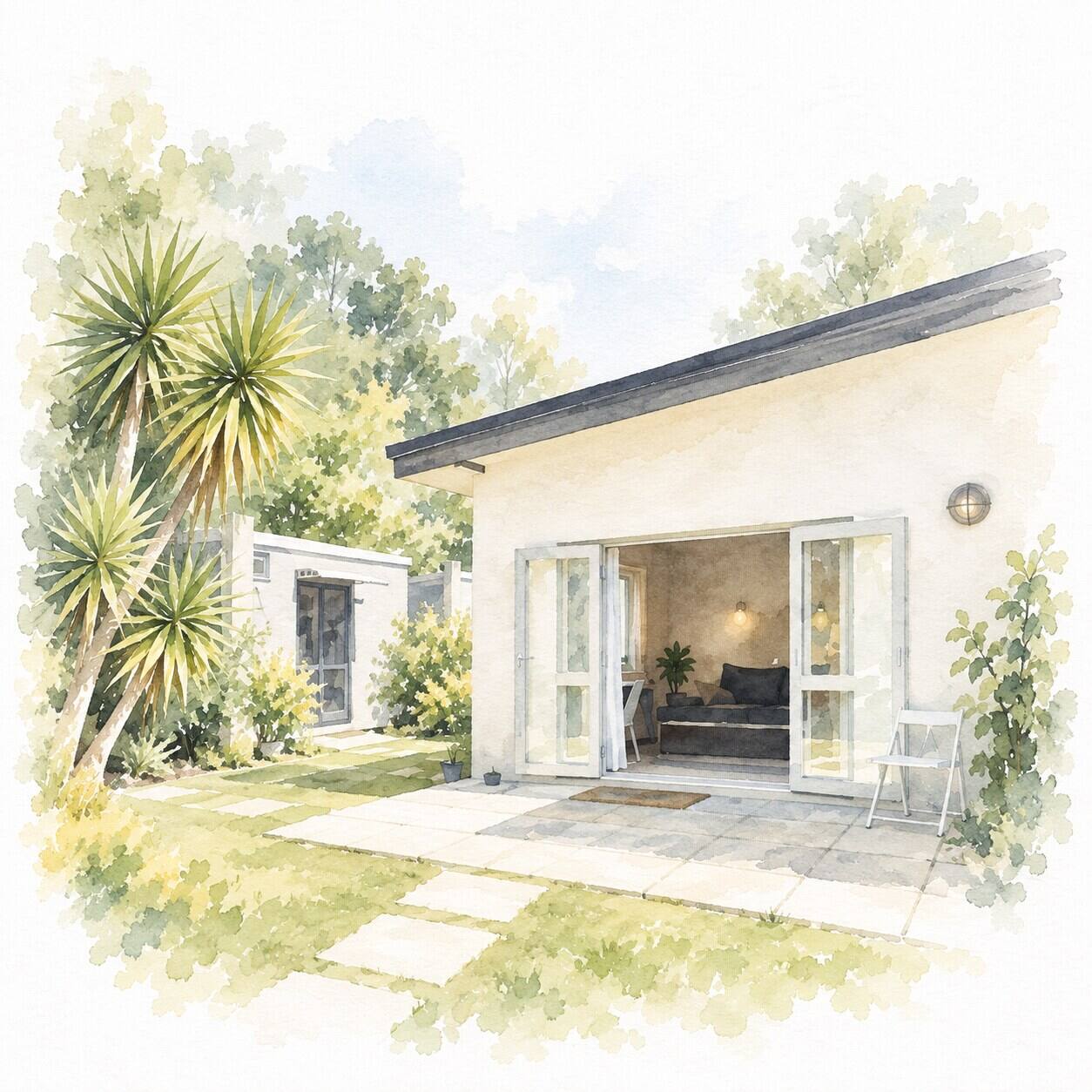 Watercolour of a guest room opening onto a lawn courtyard with cabbage trees