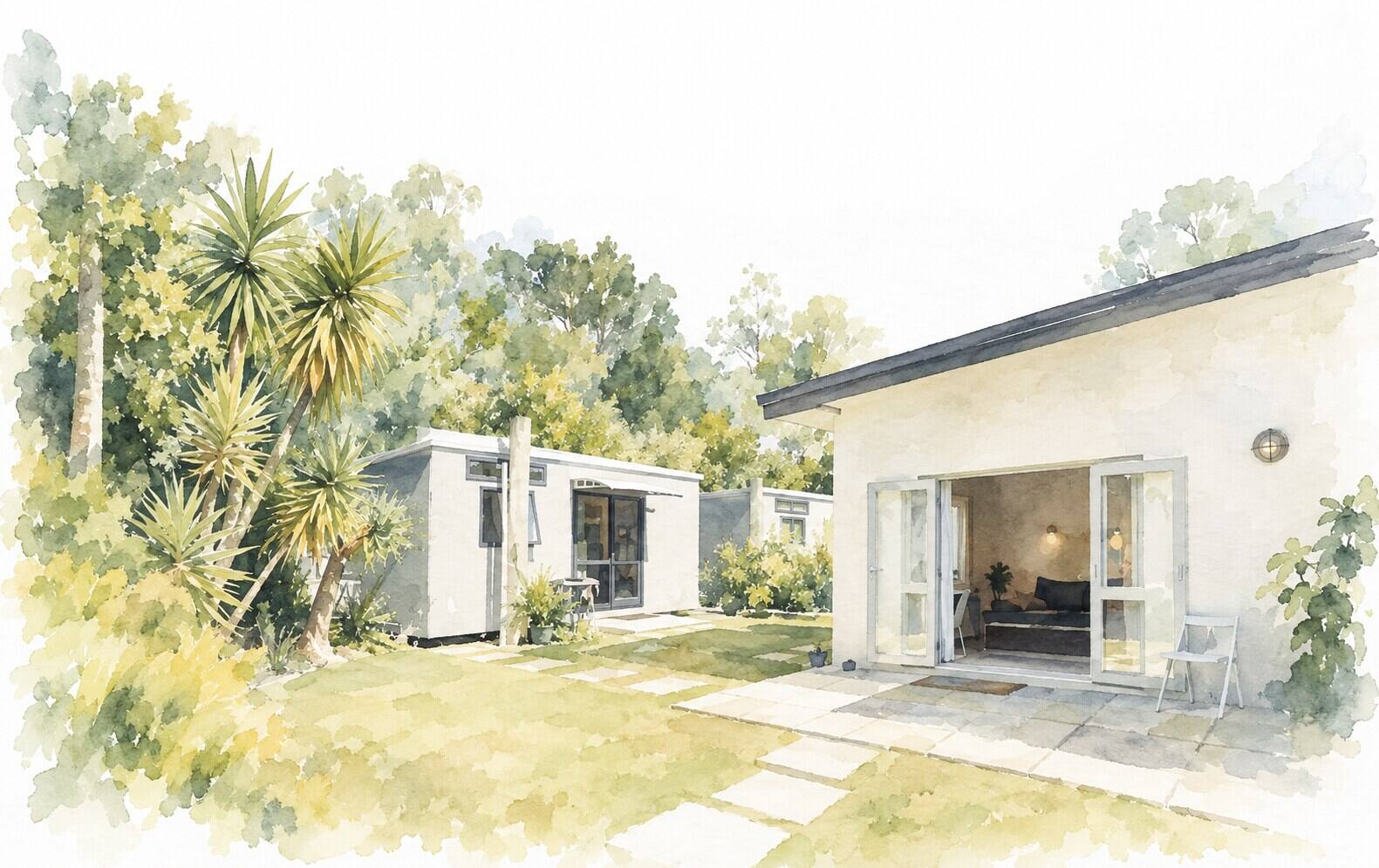 Watercolour of the lodge courtyard: guest rooms opening onto a lawn with cabbage trees and palms