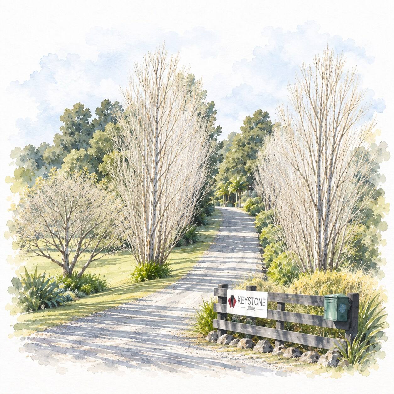 Watercolour of the gravel driveway into Keystone Lodge with the entrance sign on a timber fence