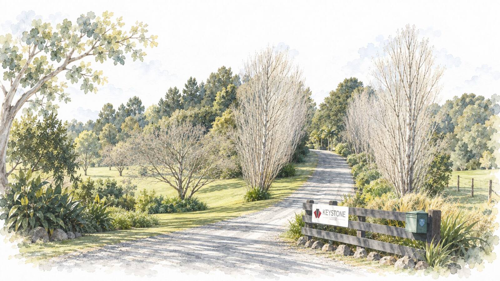 Watercolour of the gravel driveway into Keystone Lodge, with the entrance sign on a timber fence and silver birches either side