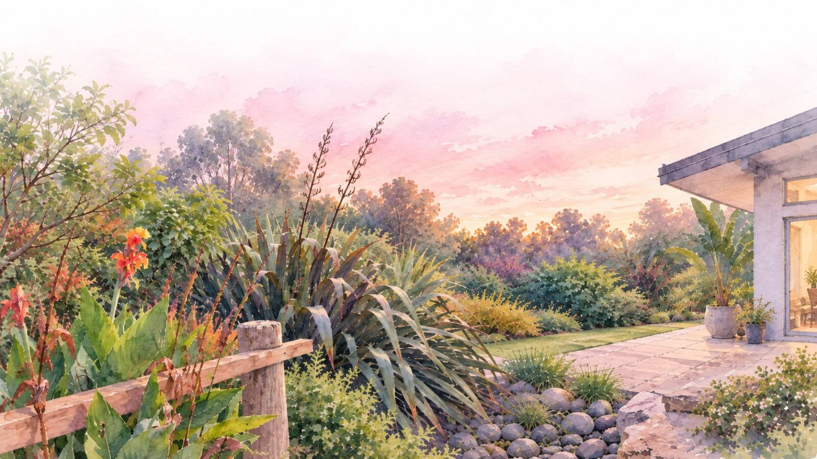 Watercolour of the lodge garden at dusk: flax and canna lilies by a timber fence, a paved terrace and a lit doorway under a soft pink sky