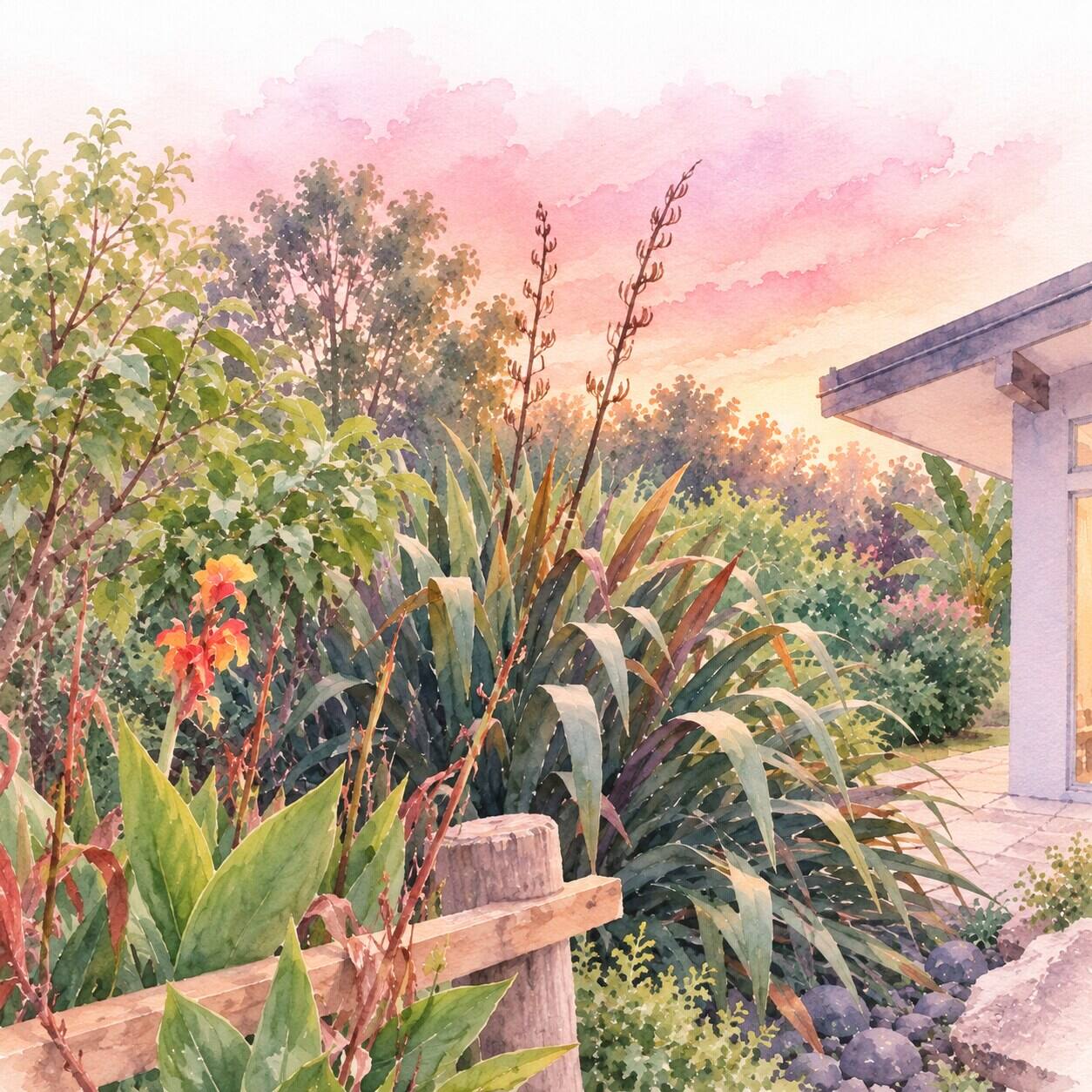 Watercolour of flax and canna lilies by a timber fence at dusk, with the lodge terrace beyond