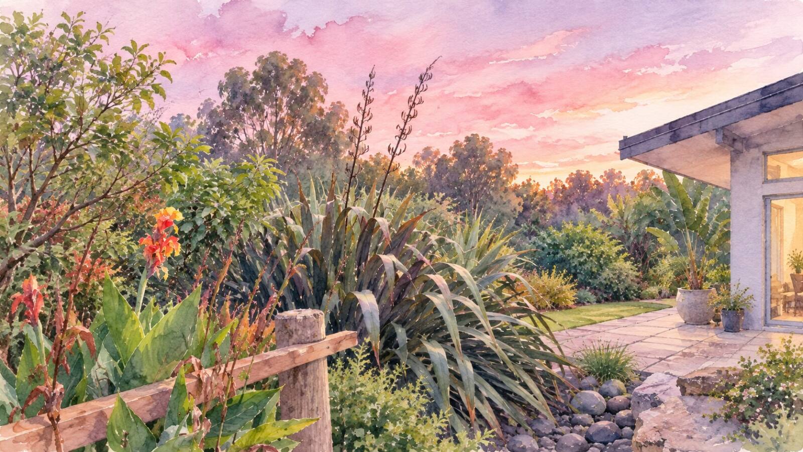 Watercolour of the lodge garden at dusk: flax and canna lilies by a timber fence, a paved path and a lit doorway under a pink sky