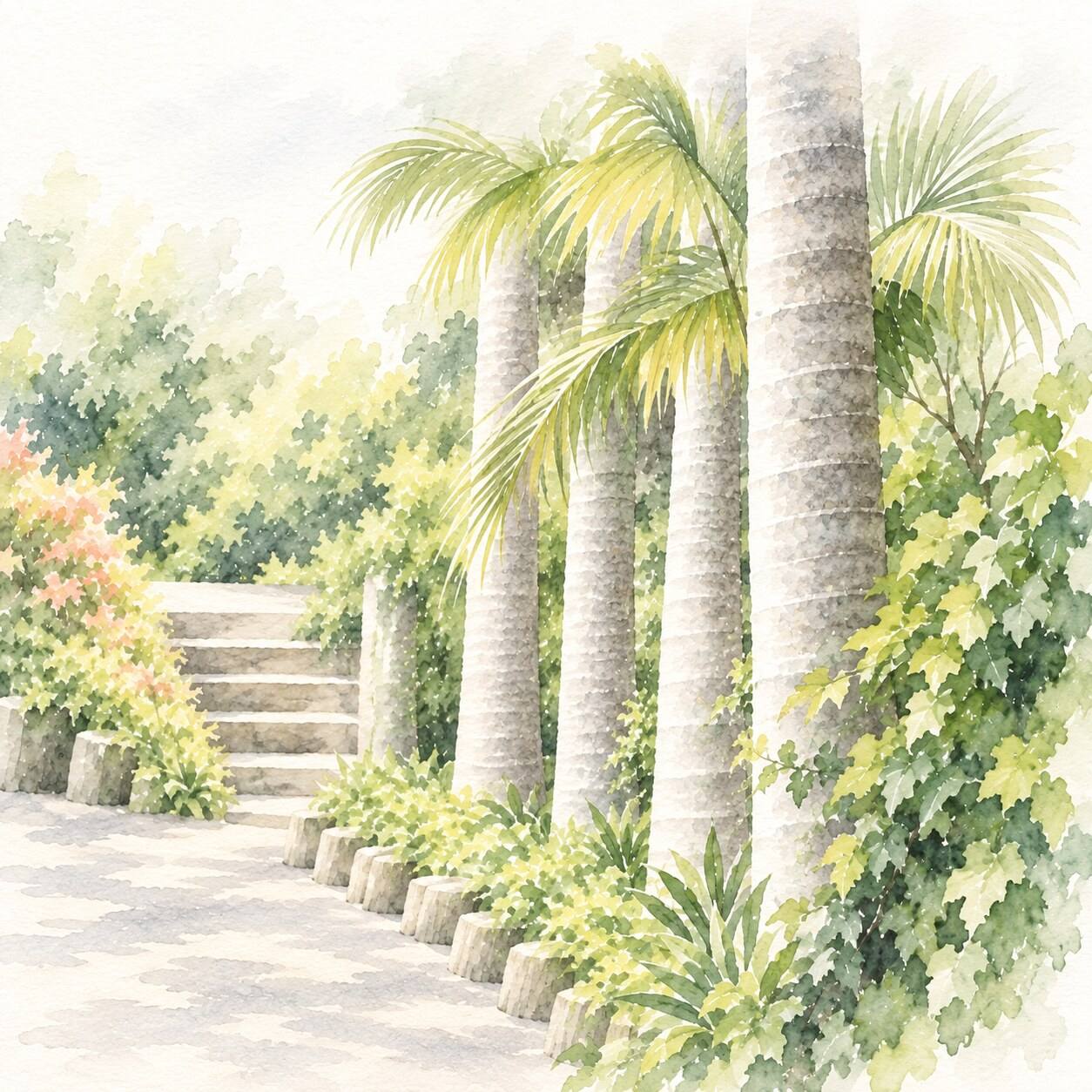 Watercolour of palms, stone steps and flowering shrubs beside a paved garden path