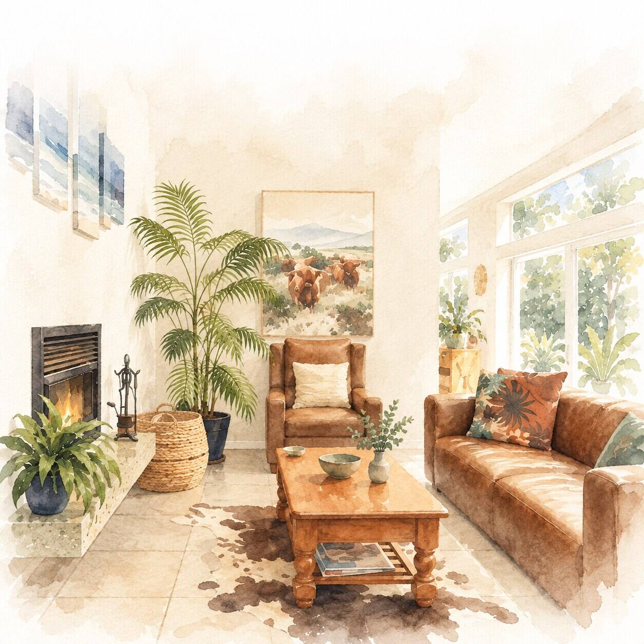 Watercolour of the lodge lounge with leather sofas, a fireplace and a palm by the window