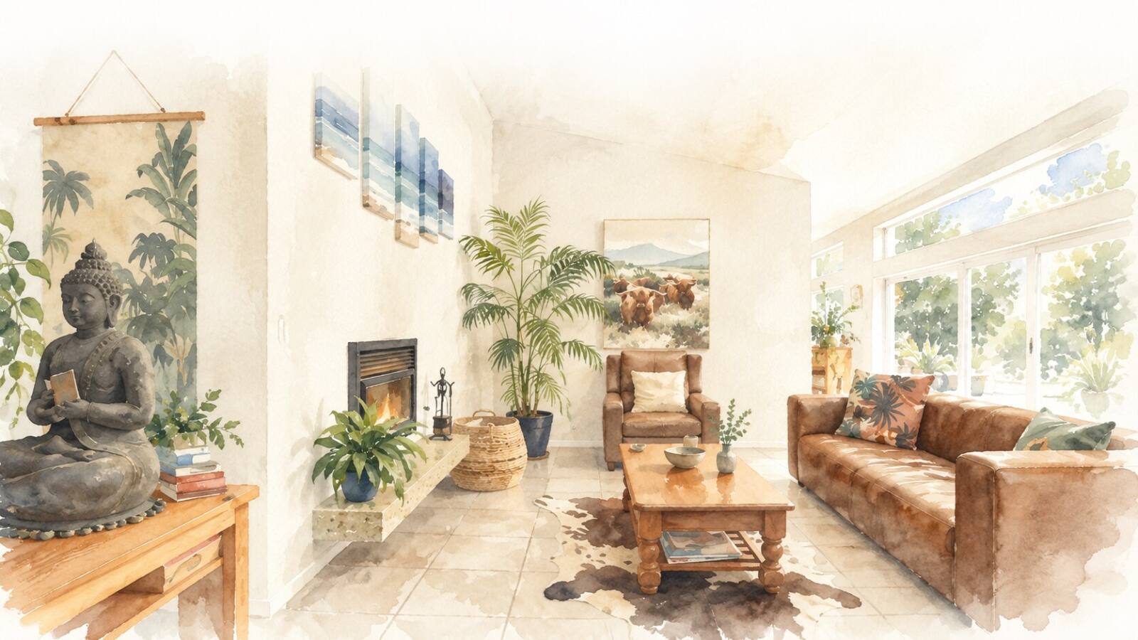 Watercolour of the lodge lounge: leather sofas around a fireplace, a Buddha statue, palms and large windows onto the garden