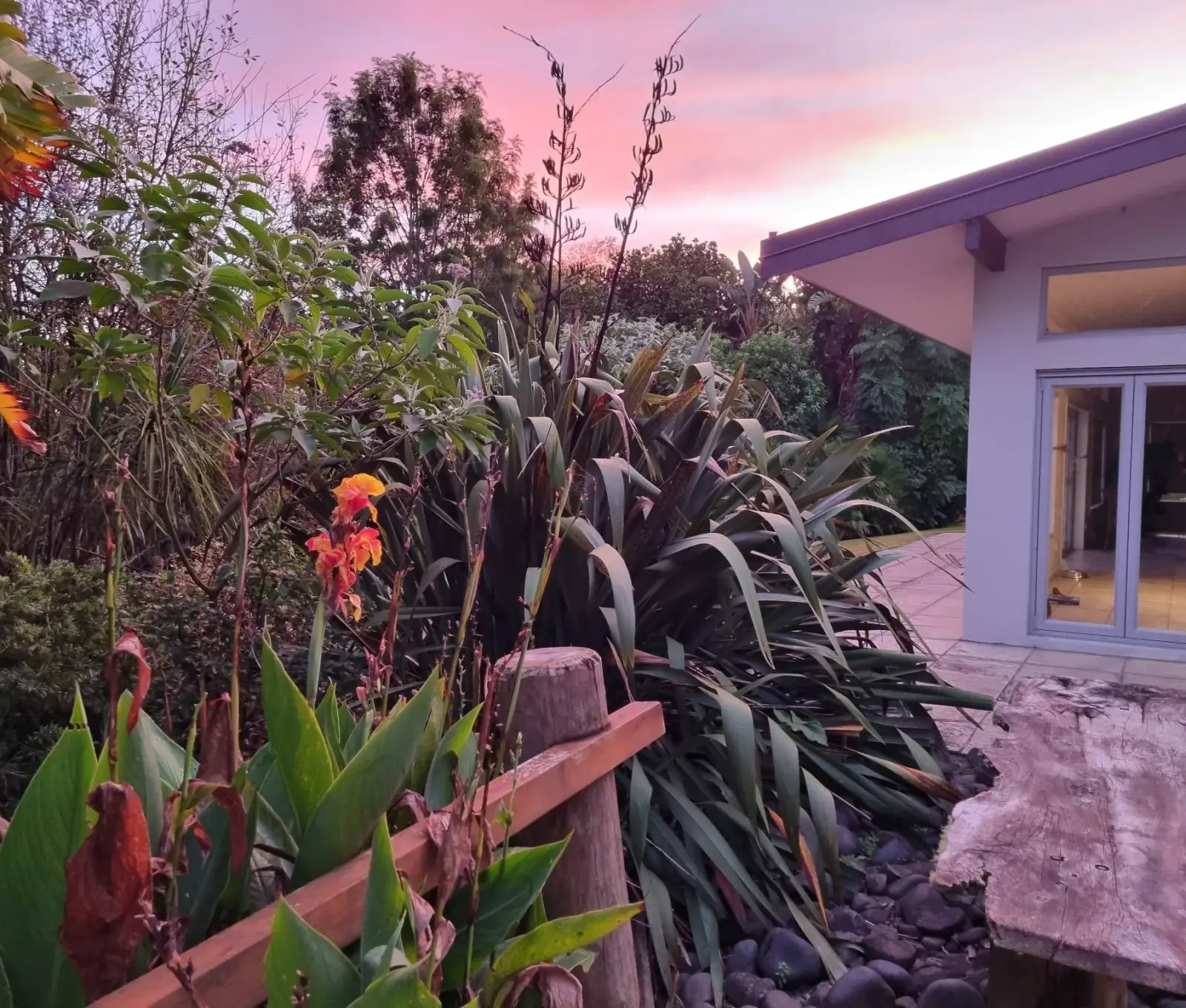 The garden and lodge at Keystone at sunset
